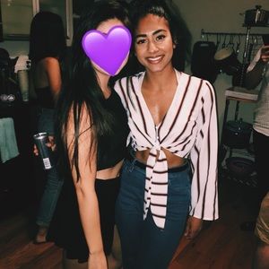 Striped tie front bell sleeve crop top